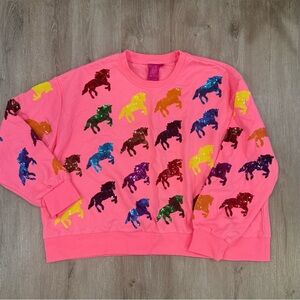 NWOT Queen of Sparkles Sequin Horse Pink Sweatshirt Size XXL Flawed see pics